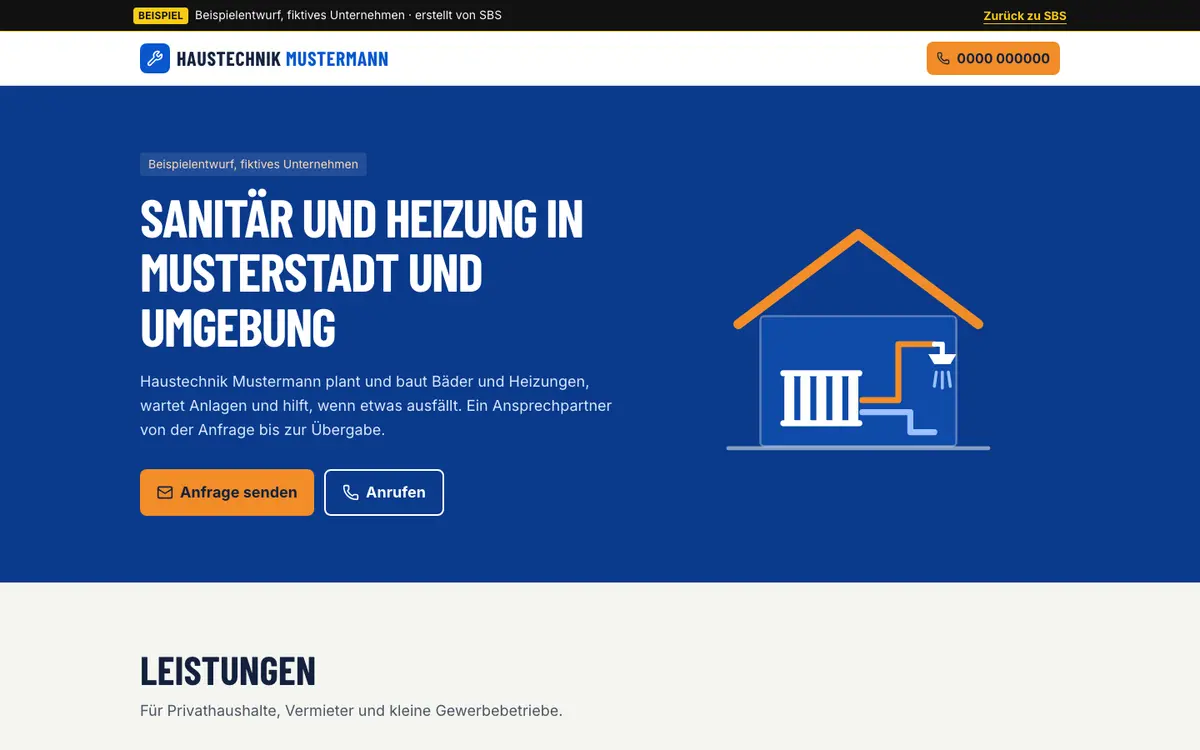 Webseite erstellen lassen für Handwerker: Beispielentwurf Sanitär- und Heizungsbetrieb – Desktop-Ansicht