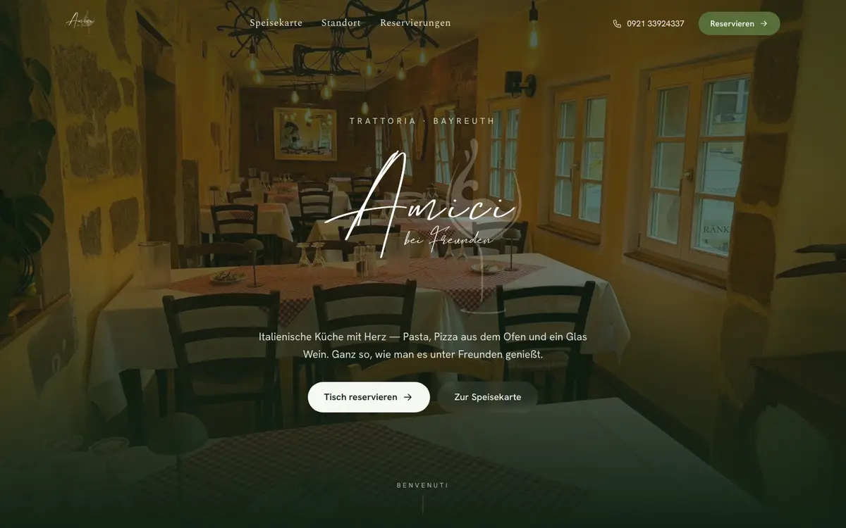 Webseite der Trattoria Amici in Bayreuth, erstellt von SB Systems Solutions – Desktop-Ansicht