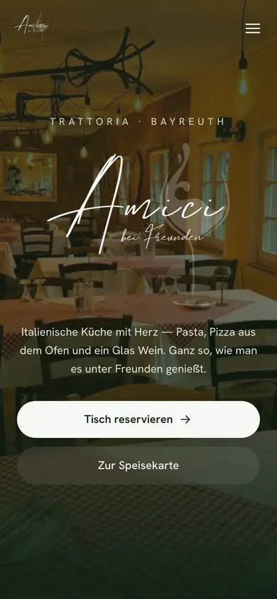 Webseite der Trattoria Amici in Bayreuth, erstellt von SB Systems Solutions – Mobilansicht